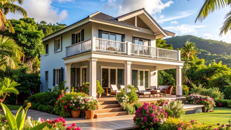 Firefly_Image réaliste d’un logement de vacances bien entretenu en Martinique, avec une belle 773225